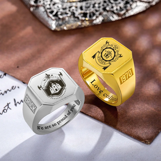 Personalised School Logo Crest Coat of Arms Ring Engraved Square Signet Ring with Text Gift for Graduates Men