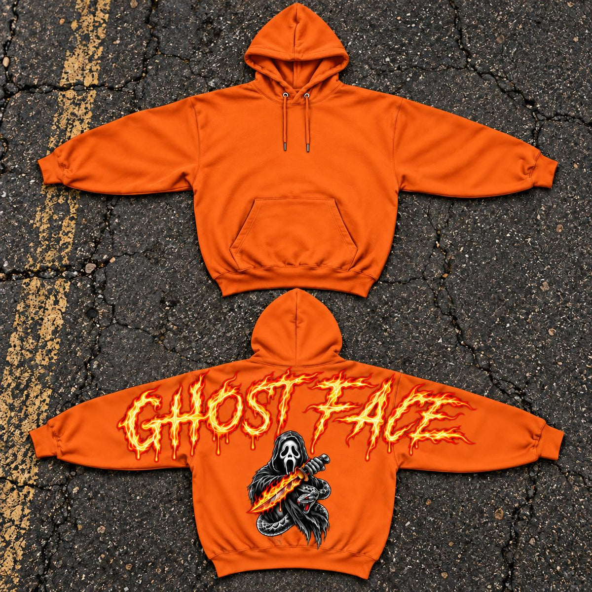 Ghostface Flame Scream Horror Printed Pullover Hoodie - Fitted Tops, Shoulder-to-Shoulder Back Lettering, Halloween Spooky Season Streetwear Gift for Her