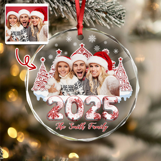 Custom Photo 3D Effect Family Toile De Jouy Christmas Trees For Family Glass Ornament
