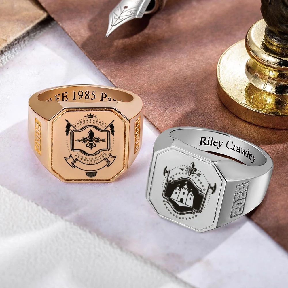 Personalised School Logo Crest Coat of Arms Ring Engraved Square Signet Ring with Text Gift for Graduates Men