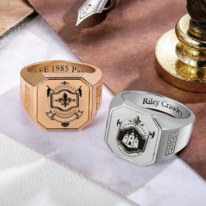 Personalised School Logo Crest Coat of Arms Ring Engraved Square Signet Ring with Text Gift for Graduates Men