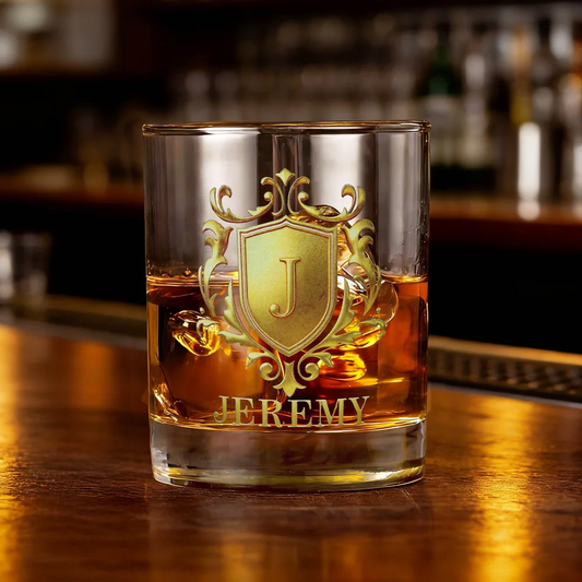 Personalised Golden Shield Initial Name Rock Whiskey Glass Old Fashioned Anniversary Birthday Gift for Man Bartender Whiskey Enthusiast