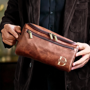 Laser Engraved Personalized Classic Initial Leather Toiletry Bag - Perfect Gift for Dad or Husband