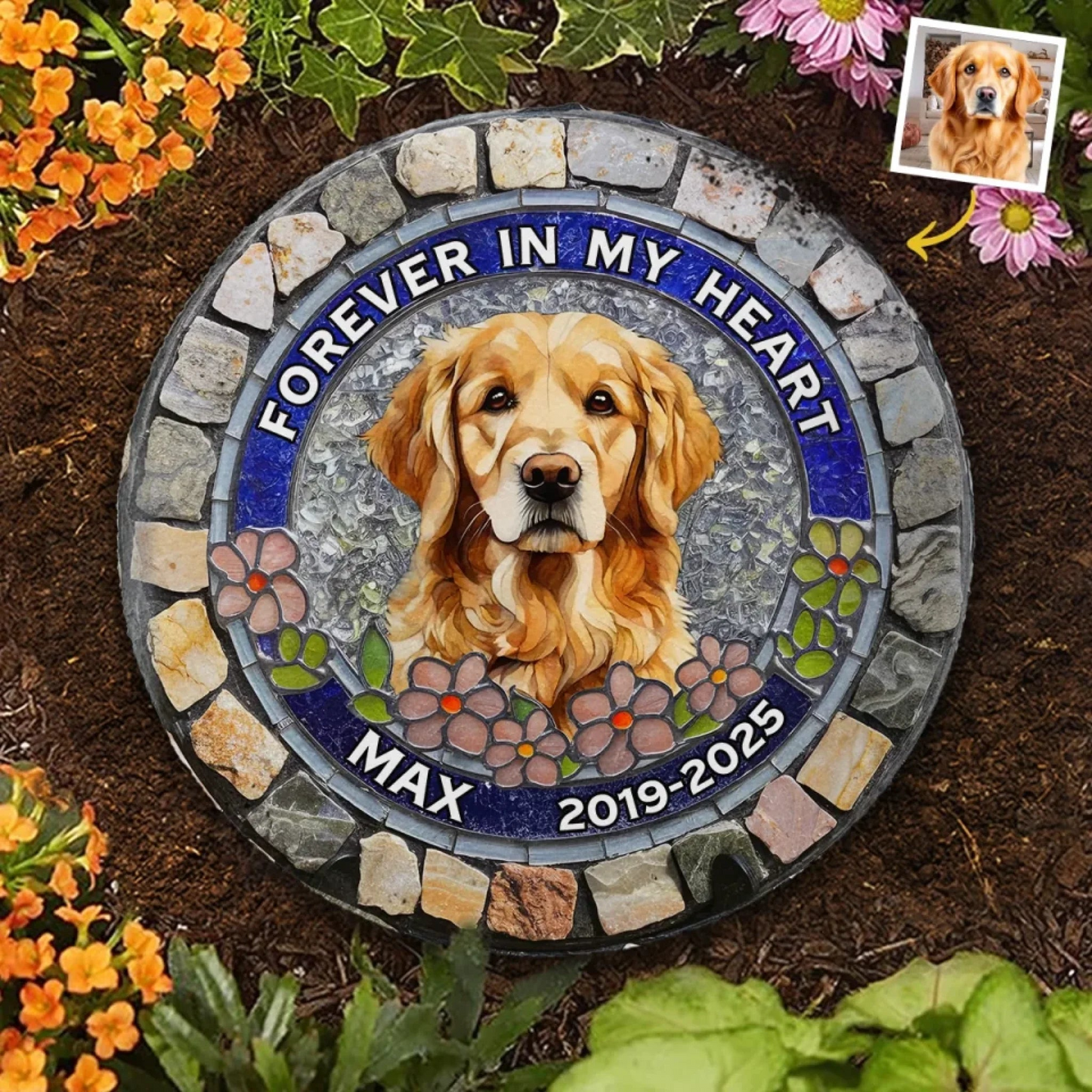 Custom Photo Forever Loved, Never Forgotten - Memorial Personalized Custom 3D Mosaic Faux Stained Glass Print Round Shaped Memorial Stone - Sympathy Gift For Pet Owners, Pet Lovers
