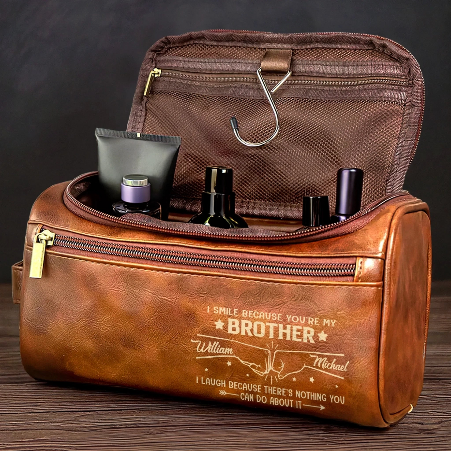 Custom Engraved Leather Toiletry Bag - Personalized Birthday Gifts For Brother - Always Got Your Back