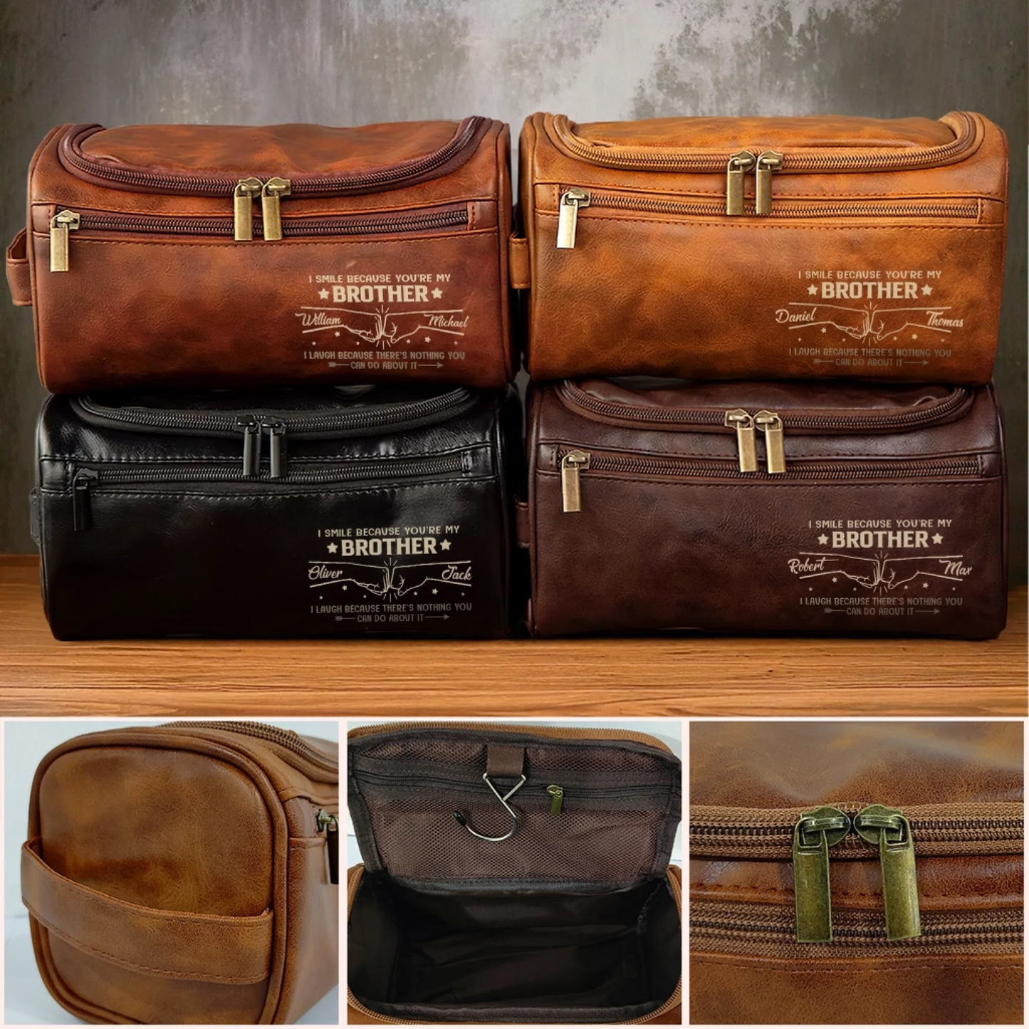 Custom Engraved Leather Toiletry Bag - Personalized Birthday Gifts For Brother - Always Got Your Back
