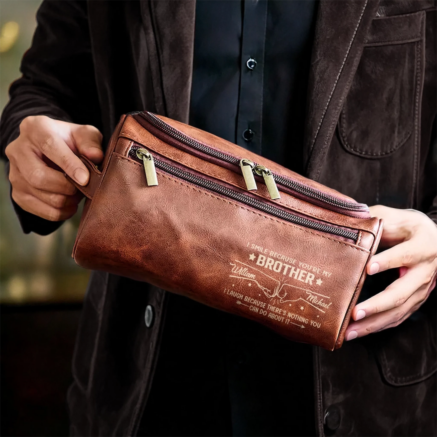 Custom Engraved Leather Toiletry Bag - Personalized Birthday Gifts For Brother - Always Got Your Back