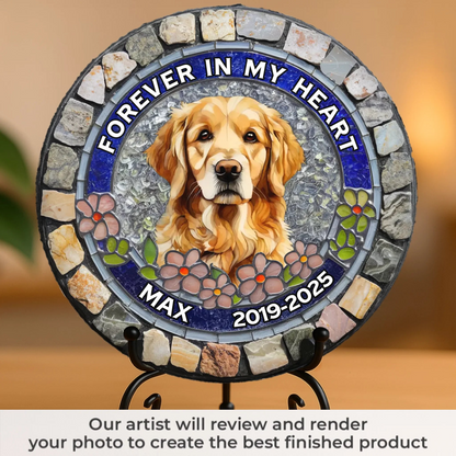 Custom Photo Forever Loved, Never Forgotten - Memorial Personalized Custom 3D Mosaic Faux Stained Glass Print Round Shaped Memorial Stone - Sympathy Gift For Pet Owners, Pet Lovers