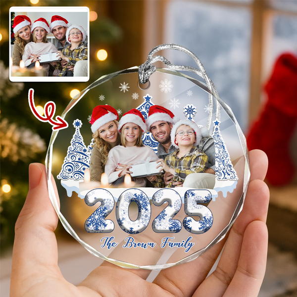 Custom Photo 3D Effect Family Toile De Jouy Christmas Trees For Family Glass Ornament