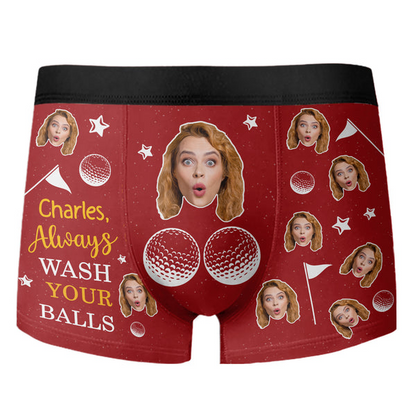 Custom Photo and Name Always Wash Your Balls Personalized Men's Boxer Briefs Valentine's Day For Golfers