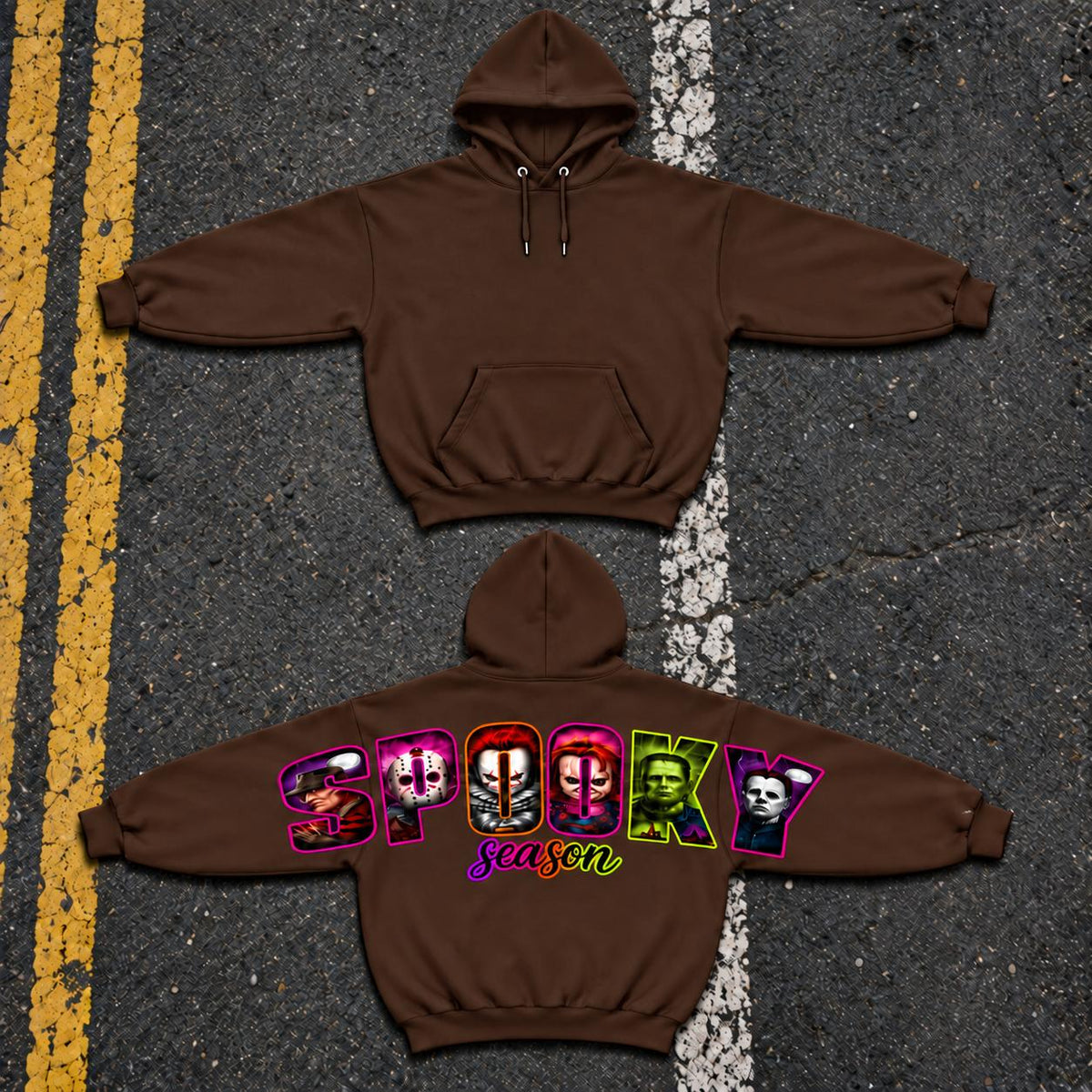 Women's Unisex Soft Smooth Casual Printed Neon Horror Character Back Graphic Hoodie, Halloween Scary Movie Collage Pullover, Fall Sweatshirt, Gift for Him and Her