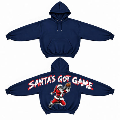 Women's Casual Santa Football Christmas Hoodie - Smooth Fabric Garment, Comfortable Pullover with Santa's Got Game Graphic, Shoulder-to-Shoulder Back Print, Funny Holiday Xmas Gift for Her
