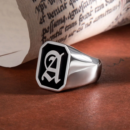 Personalised Old English Gothic Vintage Initial Signet Sterling Silver Ring Gift for Woman Man