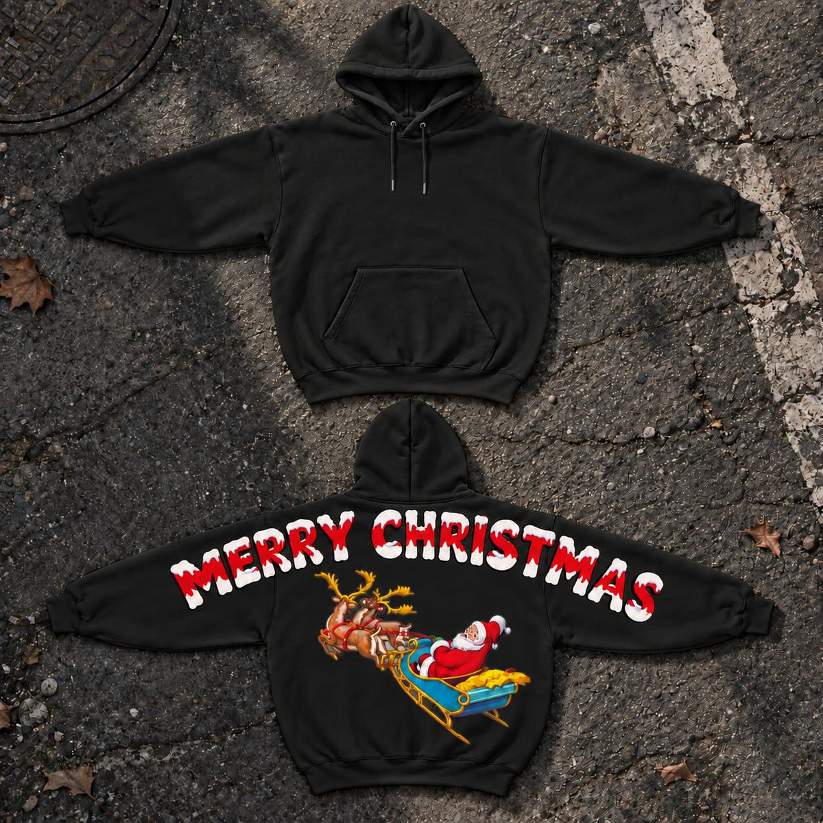 Women's Merry Christmas Santa Sleigh Graphic Hoodie - Shoulder-to-Shoulder Back Print Pullover, Reindeer Holiday Sweatsh