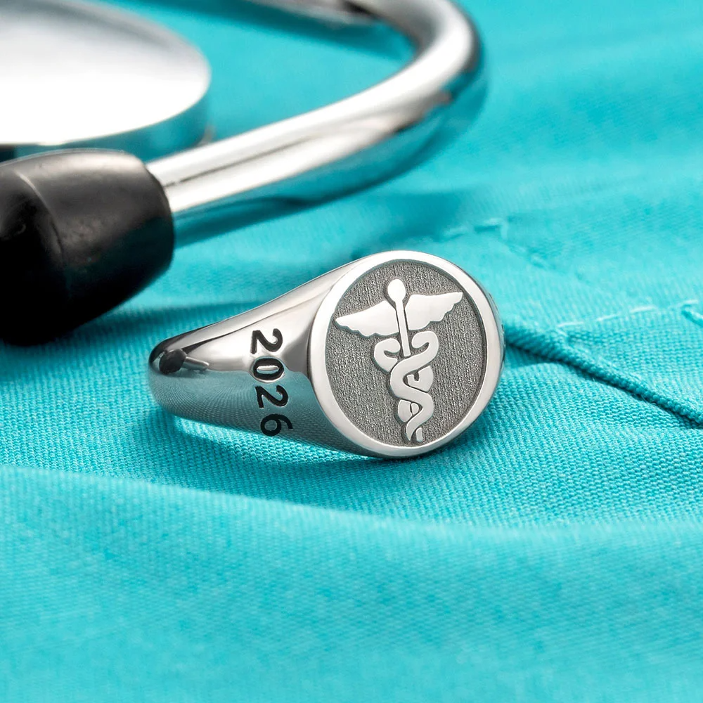 Personalised Medical Symbol RN LPN Caduceus Nurse Ring with Engraved Text Sterling Silver 925 Jewellery Graduation Gift for Nurse Doctor Medical Staff