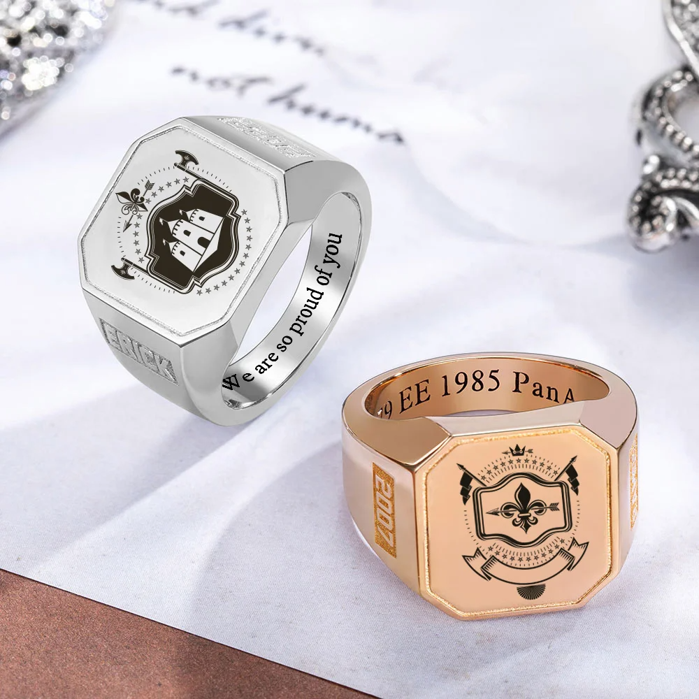 Personalised School Logo Crest Coat of Arms Ring Engraved Square Signet Ring with Text Gift for Graduates Men