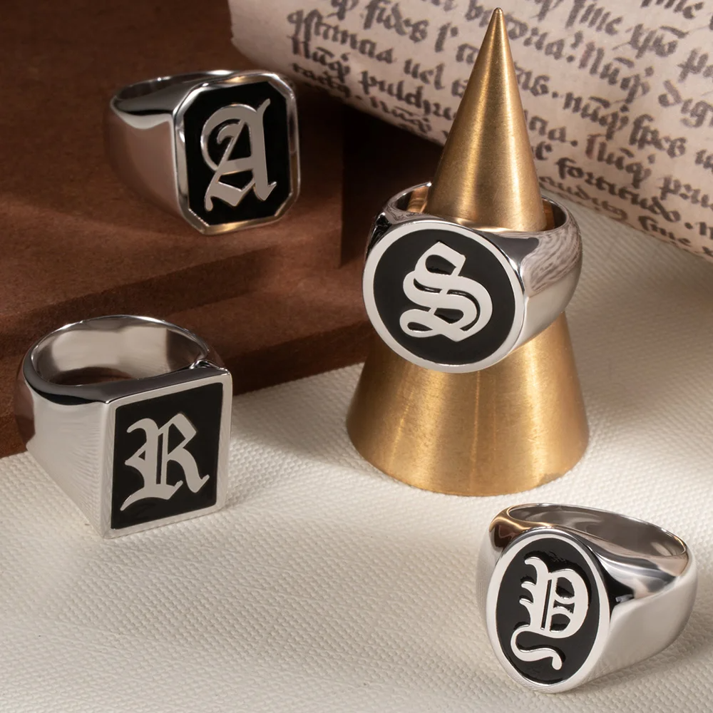 Personalised Old English Gothic Vintage Initial Signet Sterling Silver Ring Gift for Woman Man