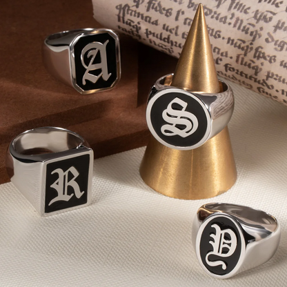 Personalised Old English Gothic Vintage Initial Signet Sterling Silver Ring Gift for Woman Man