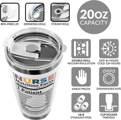 Nurse Tumbler - 20 oz Graduation Thank You Nurse Week Gift CNA RN ER ICU L&D EMT LPN CCU Nutrition Facts Cup