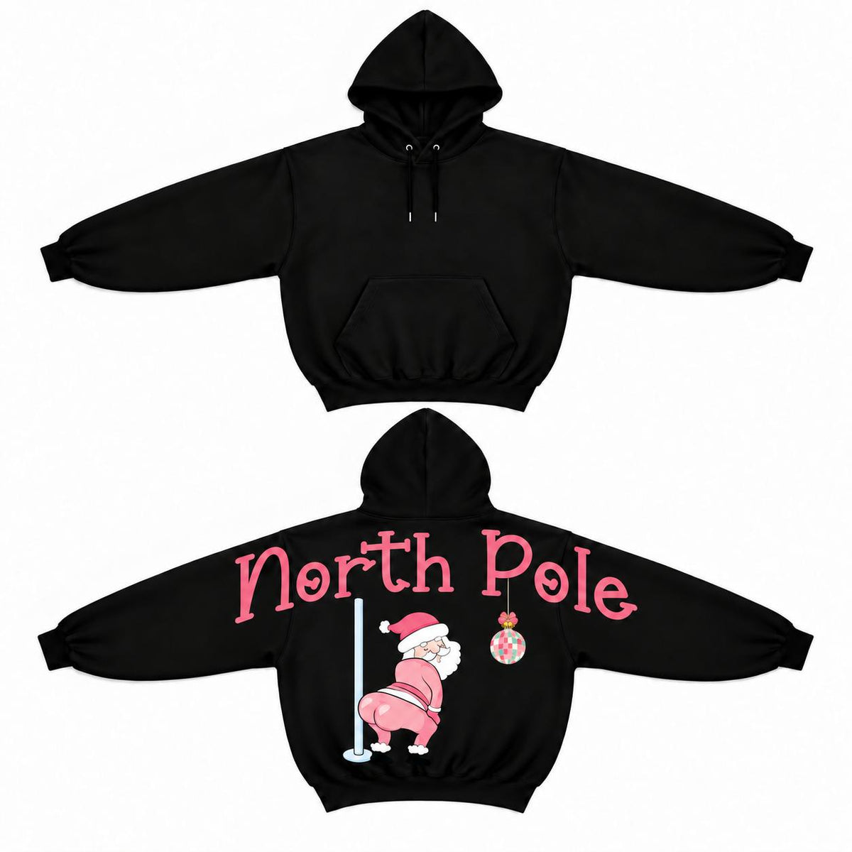 Women's North Pole Santa Christmas Graphic Hoodie - Funny Pink Santa Back Print Pullover, Shoulder-to-Shoulder Holiday Lettering, Cute Xmas Sweatshirt, Christmas Gift for Her