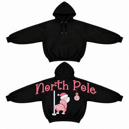 Women's North Pole Santa Christmas Graphic Hoodie - Funny Pink Santa Back Print Pullover, Shoulder-to-Shoulder Holiday Lettering, Cute Xmas Sweatshirt, Christmas Gift for Her