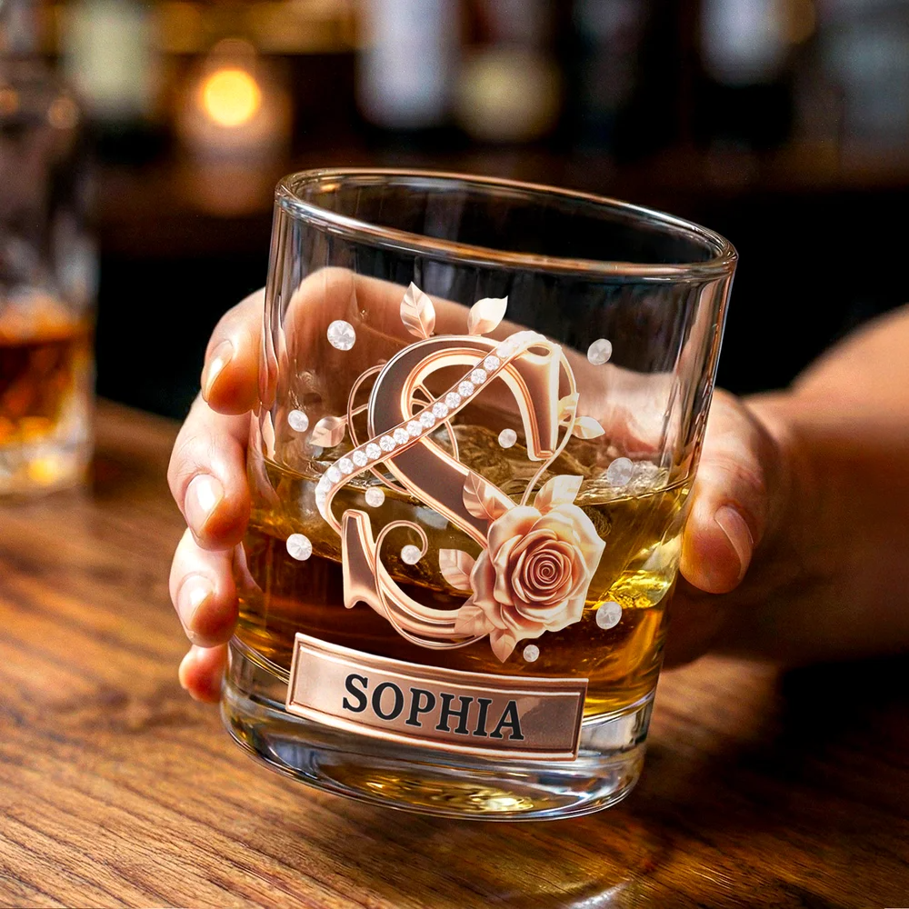 Roses Hold Love, Initials Mark Us - Personalised Old Fashioned Rock Whiskey Glass