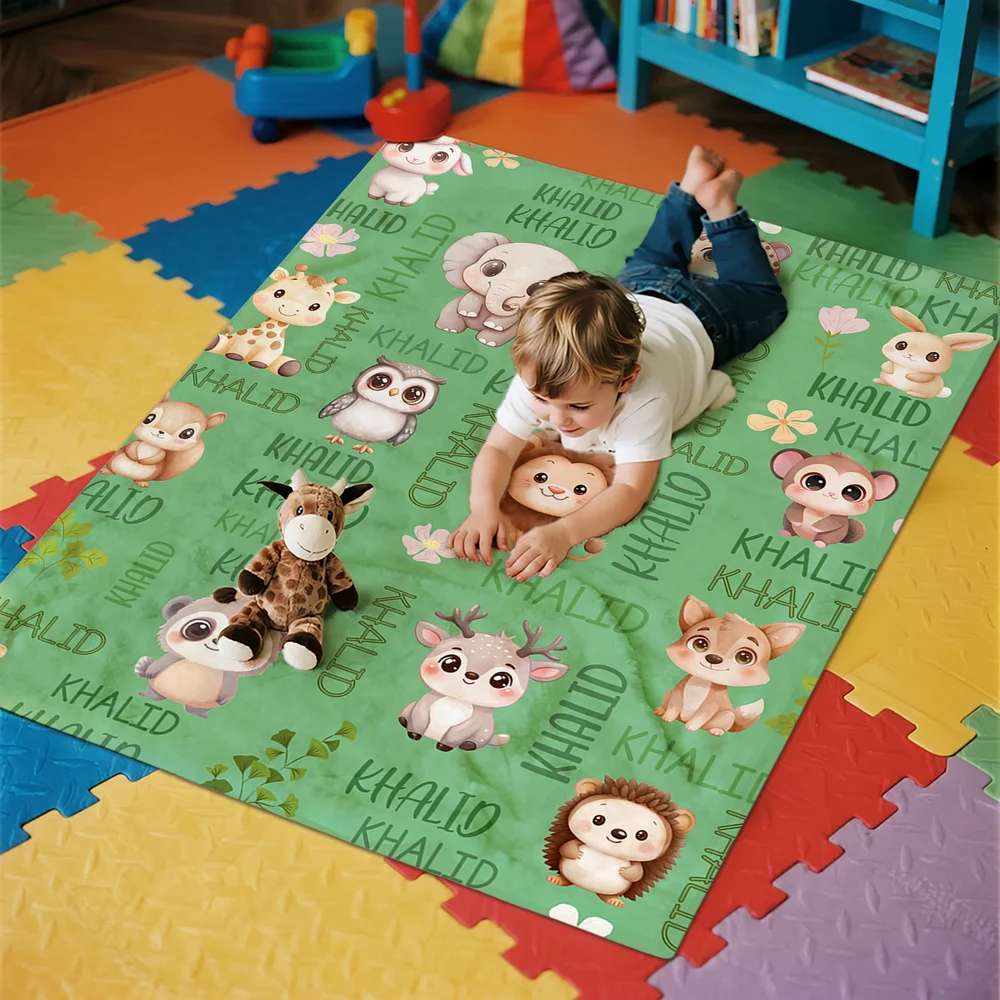 Personalised Multicolor Cute Forest Animal Soft Throw Blanket with Name Children's Day Christmas Gift for Boys Girls