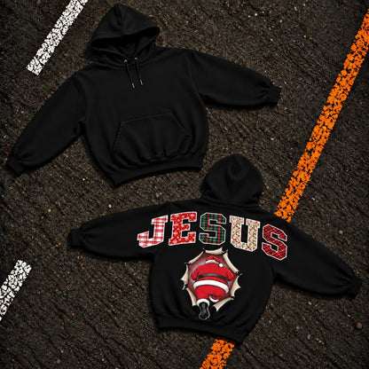 Women's Jesus Christmas Santa Printed Pullover Hoodie - Shoulder-to-Shoulder Back Lettering, Funny Holiday Graphic Top, 