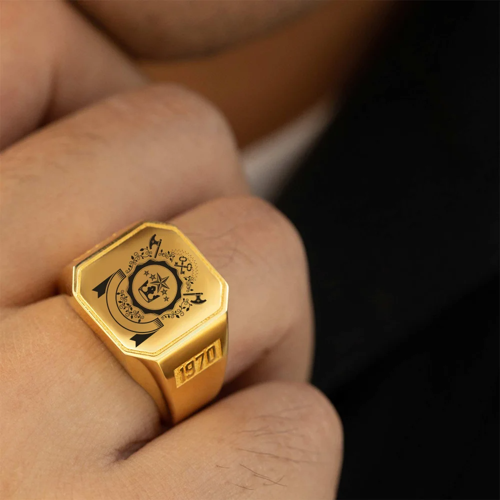 Personalised School Logo Crest Coat of Arms Ring Engraved Square Signet Ring with Text Gift for Graduates Men