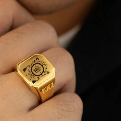 Personalised School Logo Crest Coat of Arms Ring Engraved Square Signet Ring with Text Gift for Graduates Men