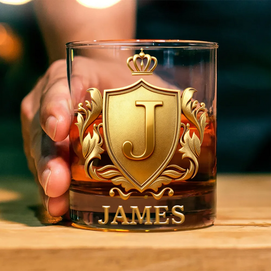 Personalised Golden Badge Initial Name Rock Whiskey Glass Old Fashioned Birthday Gift for Man Bartender Whiskey Enthusiast
