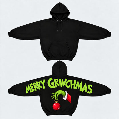 Women’s Merry Grinchmas Christmas Hoodie - Smooth, Comfortable Casual Everyday Pullover, Funny Holiday Graphic, Grinchmas Shoulder-to-Shoulder Back Print, Basic Festive Winter Top, Gift for Women