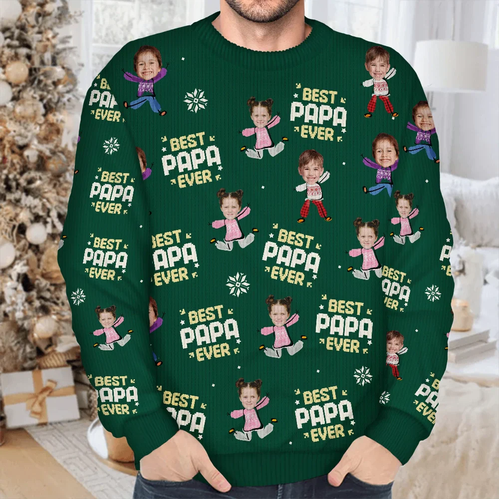 Custom Photo Best Dad Ever Funny Kids Christmas - Personalized Unisex Ugly Sweater