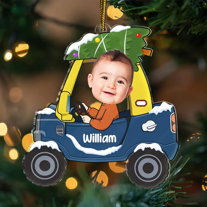 Custom Photo Christmas Baby Kid In Car - Personalized Custom Shaped Acrylic Ornament
