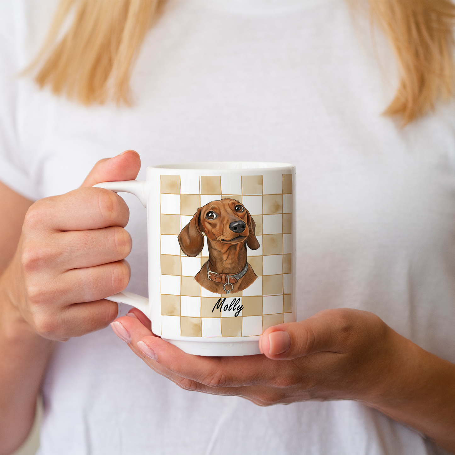 Custom Pet Portrait Checkered Mug – Hand-Drawn Style 3D Print Ceramic Cup