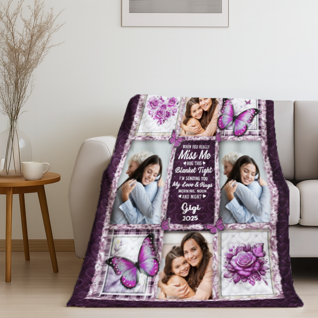 Custom Photo Memorial Butterfly When You Really Miss Me Hug This Blanket - Personalized Fleece Blanket, Sherpa Blanket