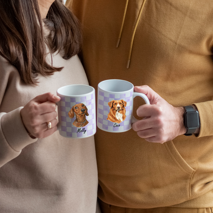 Custom Pet Portrait Checkered Mug – Hand-Drawn Style 3D Print Ceramic Cup
