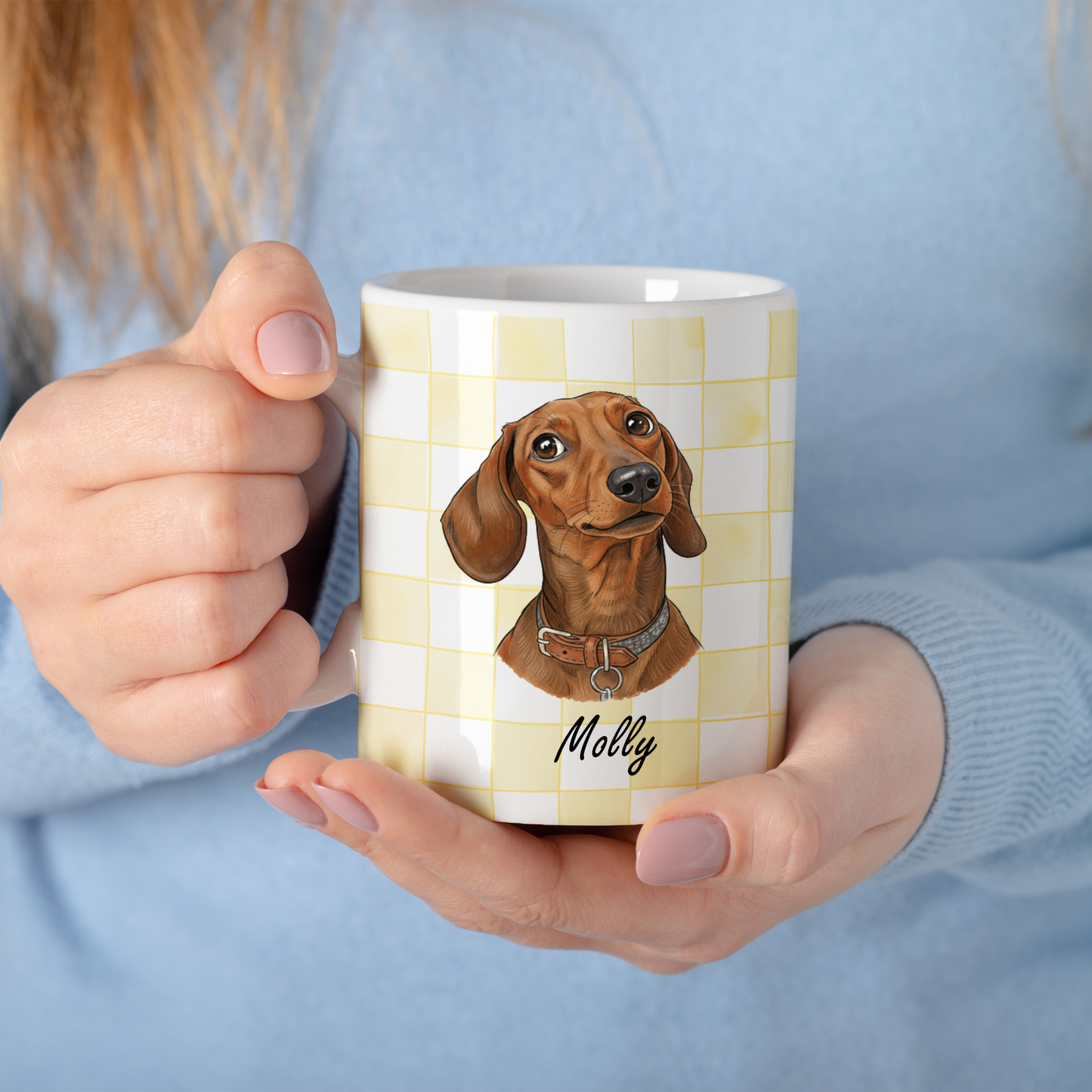 Custom Pet Portrait Checkered Mug – Hand-Drawn Style 3D Print Ceramic Cup