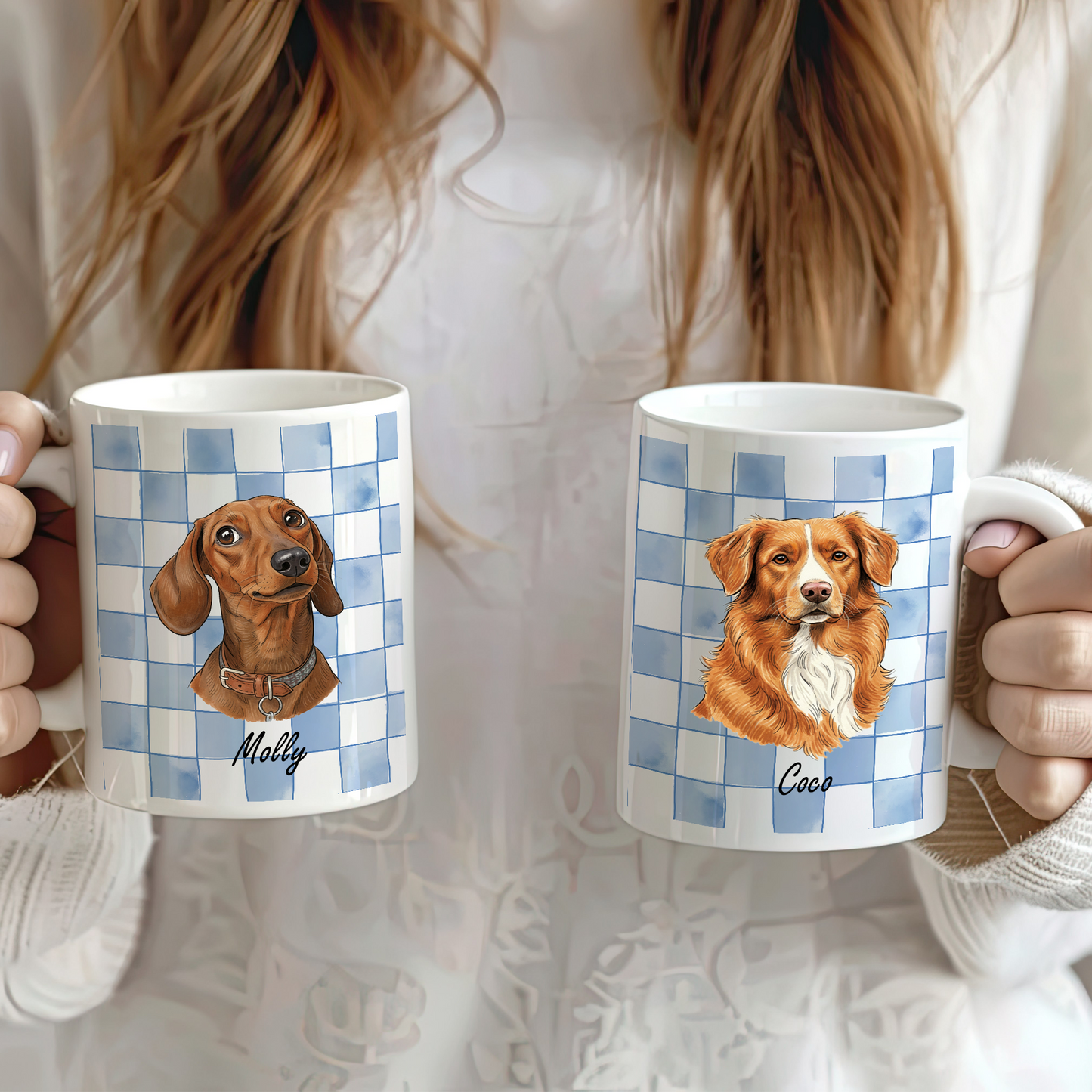 Custom Pet Portrait Checkered Mug – Hand-Drawn Style 3D Print Ceramic Cup