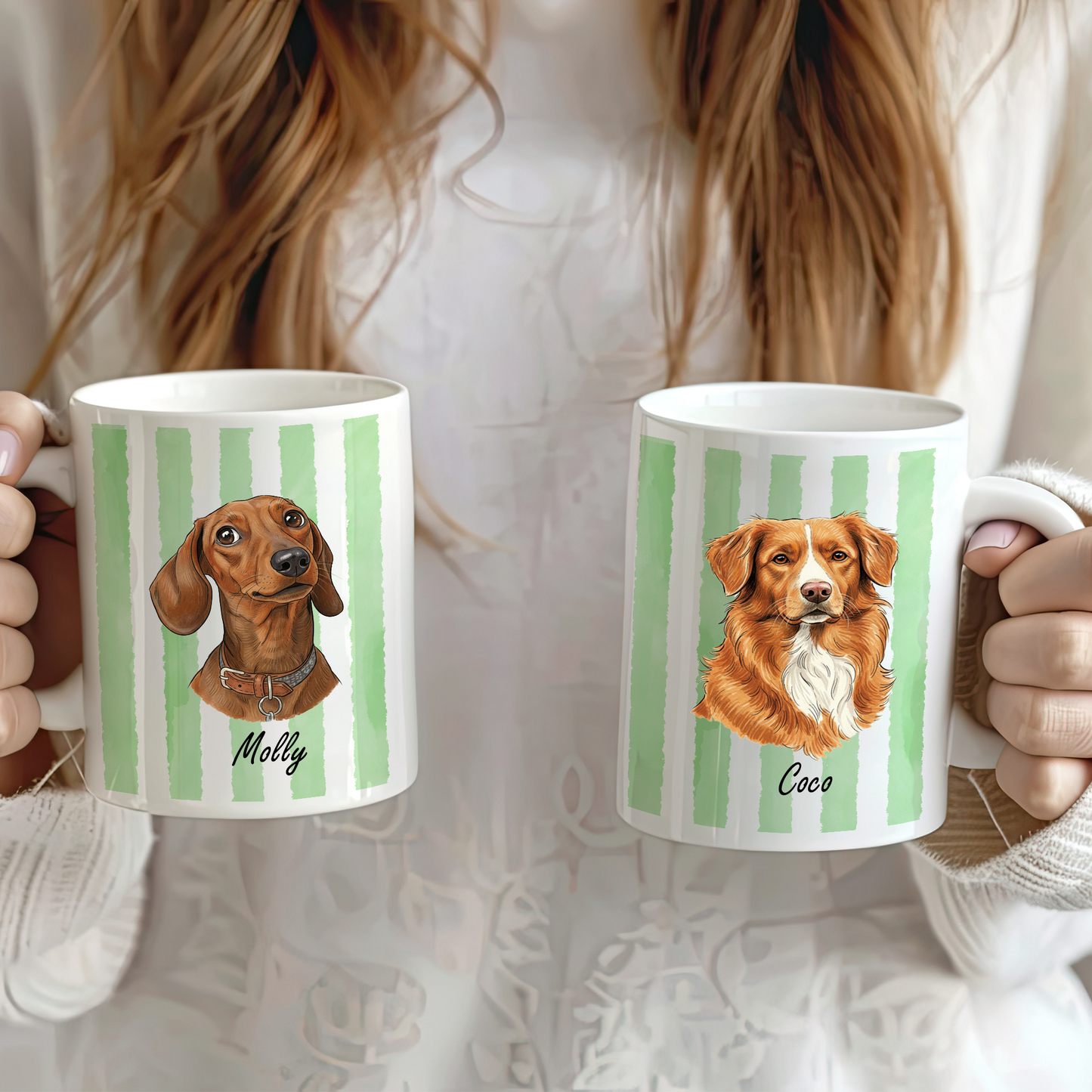 Custom Pet Portrait Striped Mug – Hand-Drawn Style 3D Print Ceramic Cup