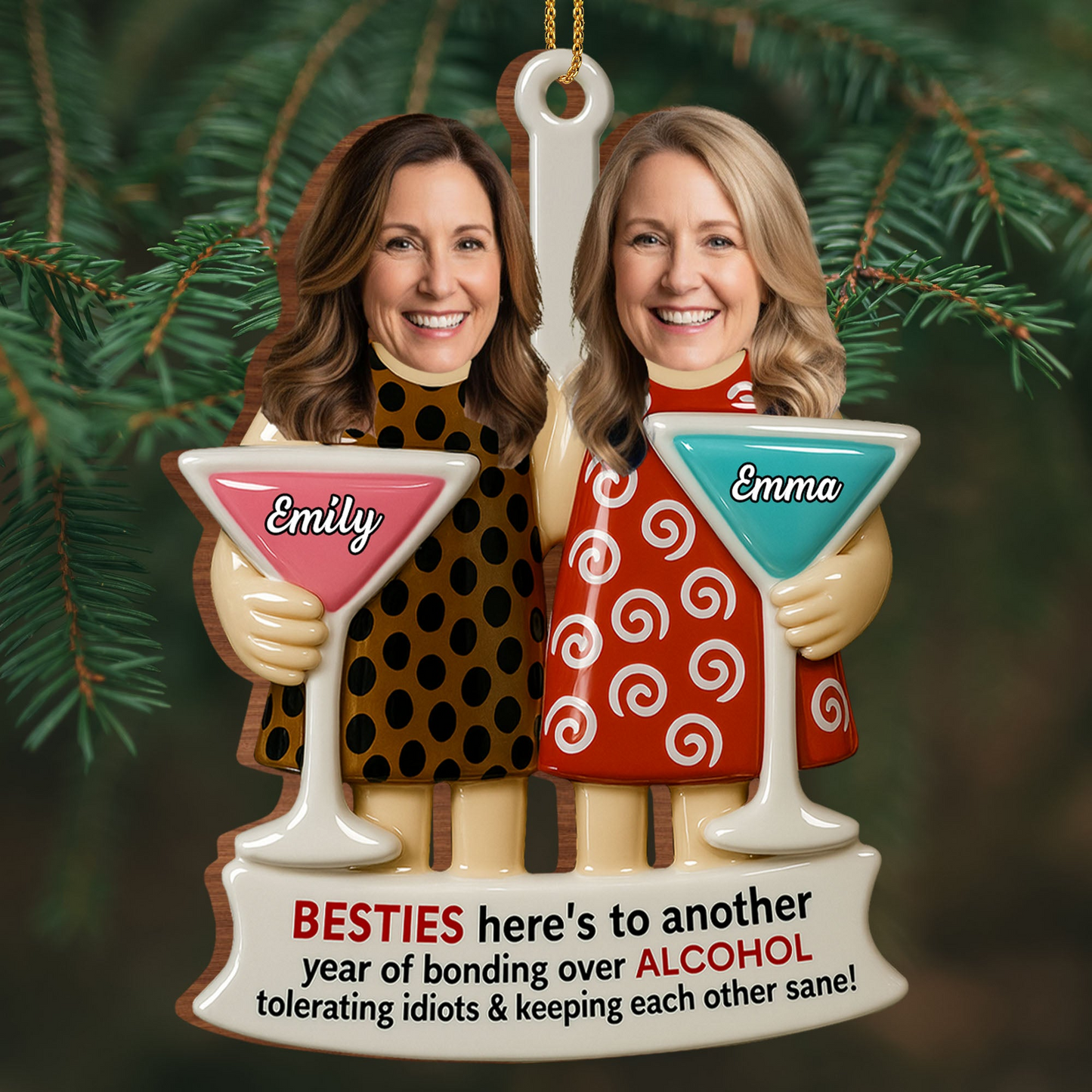Besties Bonding Over Alcohol, Martini Glasses, Custom Wood Ornament, Gift For Best Friends