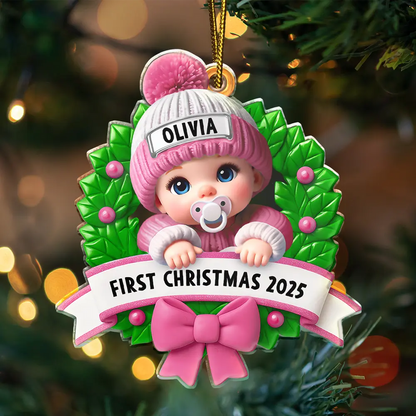 Baby In Christmas Wreath First Christmas - Personalized Custom Shaped Acrylic Ornament