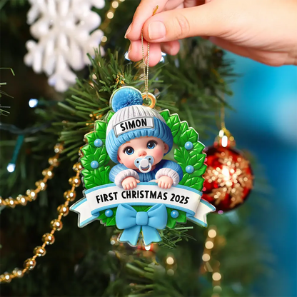 Baby In Christmas Wreath First Christmas - Personalized Custom Shaped Acrylic Ornament