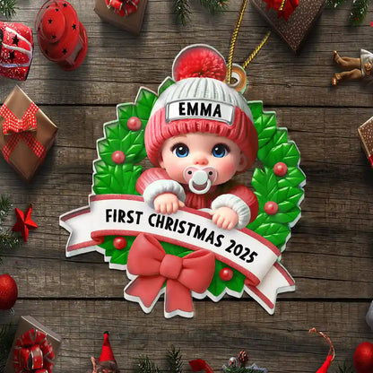 Baby In Christmas Wreath First Christmas - Personalized Custom Shaped Acrylic Ornament