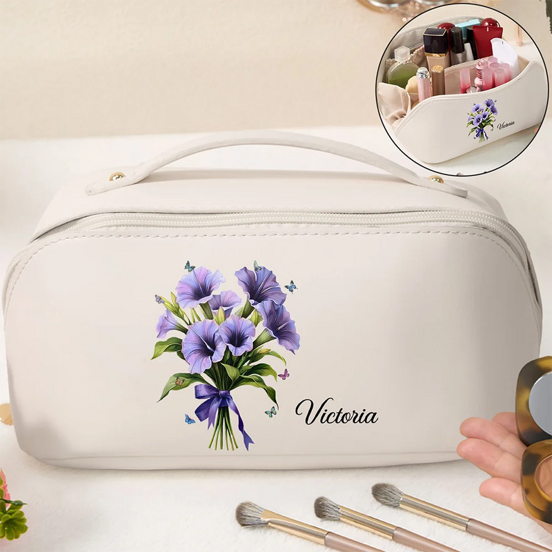 Birth Flower Bouquet - Personalized Leather Makeup Bag