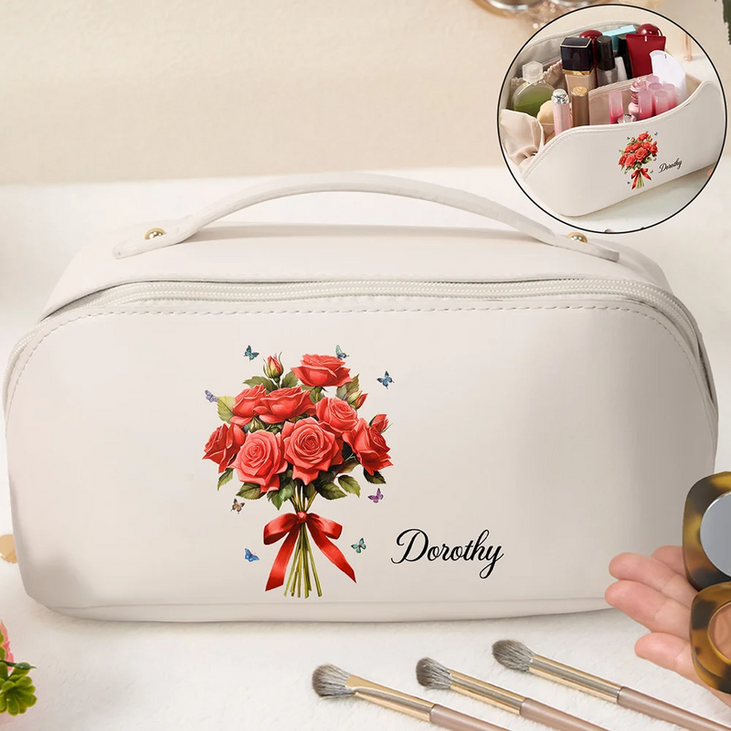 Birth Flower Bouquet - Personalized Leather Makeup Bag