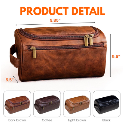 Custom Leather Toiletry Bag for Adventurers – Personalized Name & Mountain Design