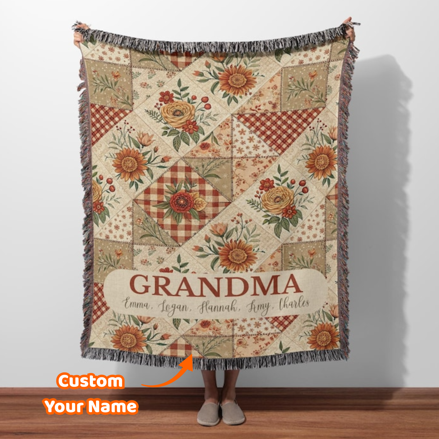 Custom Name Retro Florals Woven Blanket – Personalized Gift for Mom, Grandma