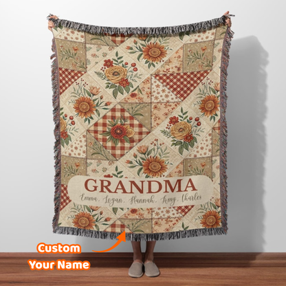 Custom Name Retro Florals Woven Blanket – Personalized Gift for Mom, Grandma
