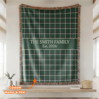 Green Plaid Custom Name & Year Blanket for Couple/Family – Personalized Wedding & Anniversary Gift
